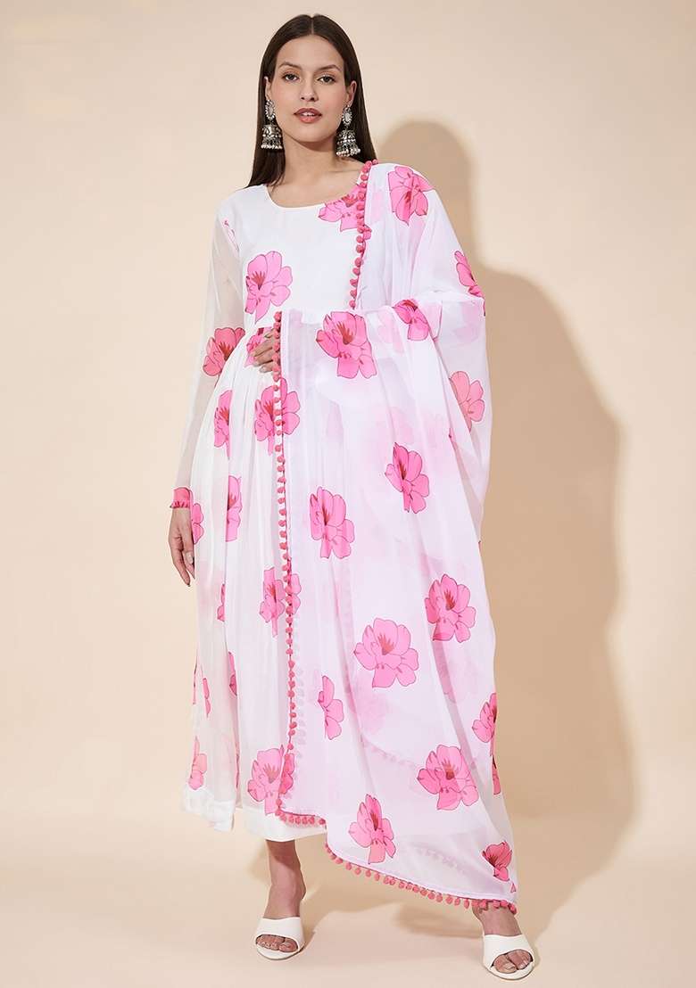 Pink Floral Print Georgette Anarkali Set - Indya
