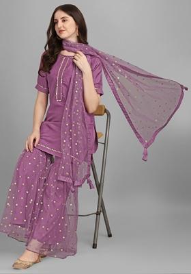 Purple Embroidered Silk Sharara Set With Dupatta