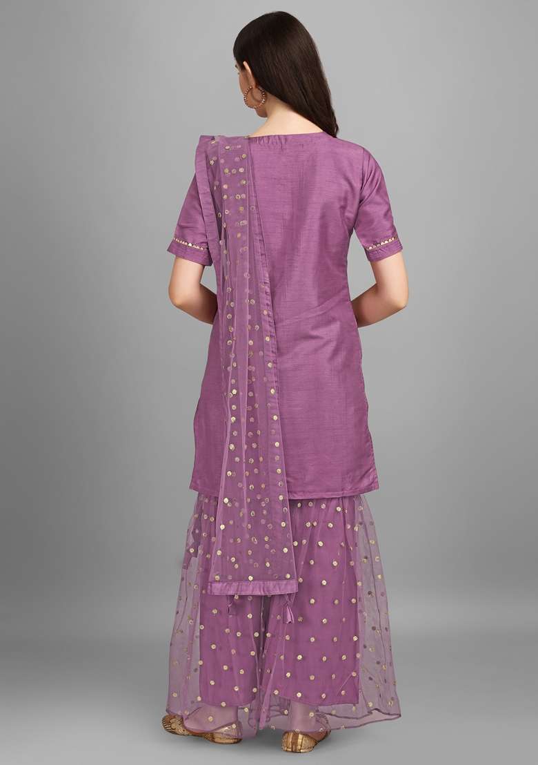 Purple Sequin Work Silk Sharara Set - Indya