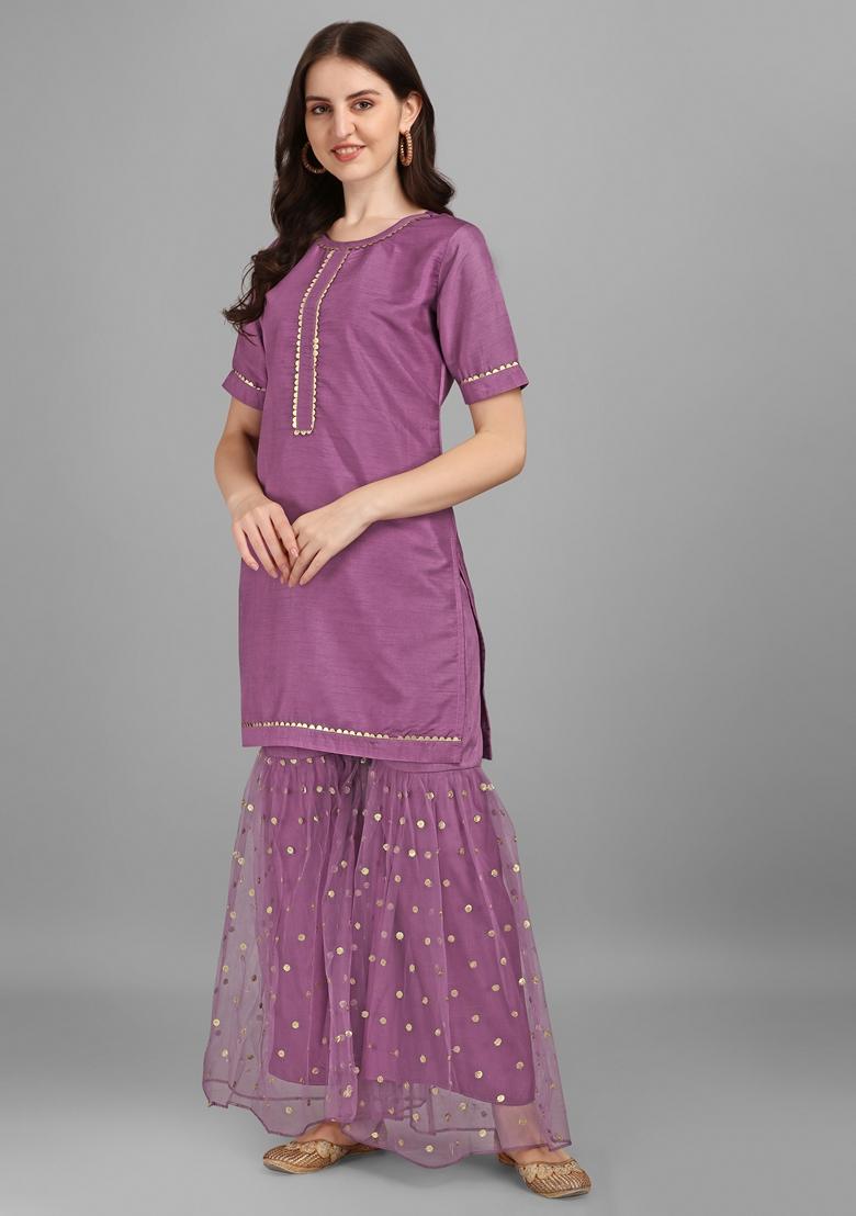 Purple Embroidered Silk Sharara Set With Dupatta