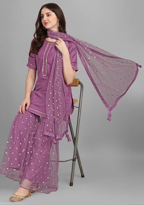 Purple Embroidered Silk Sharara Set With Dupatta