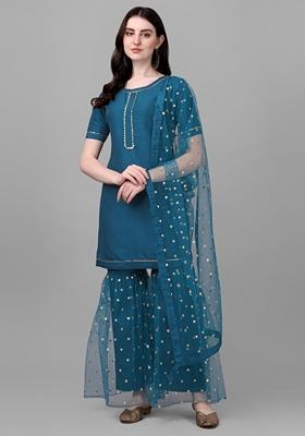 Teal Blue Embroidered Silk Sharara Set With Dupatta