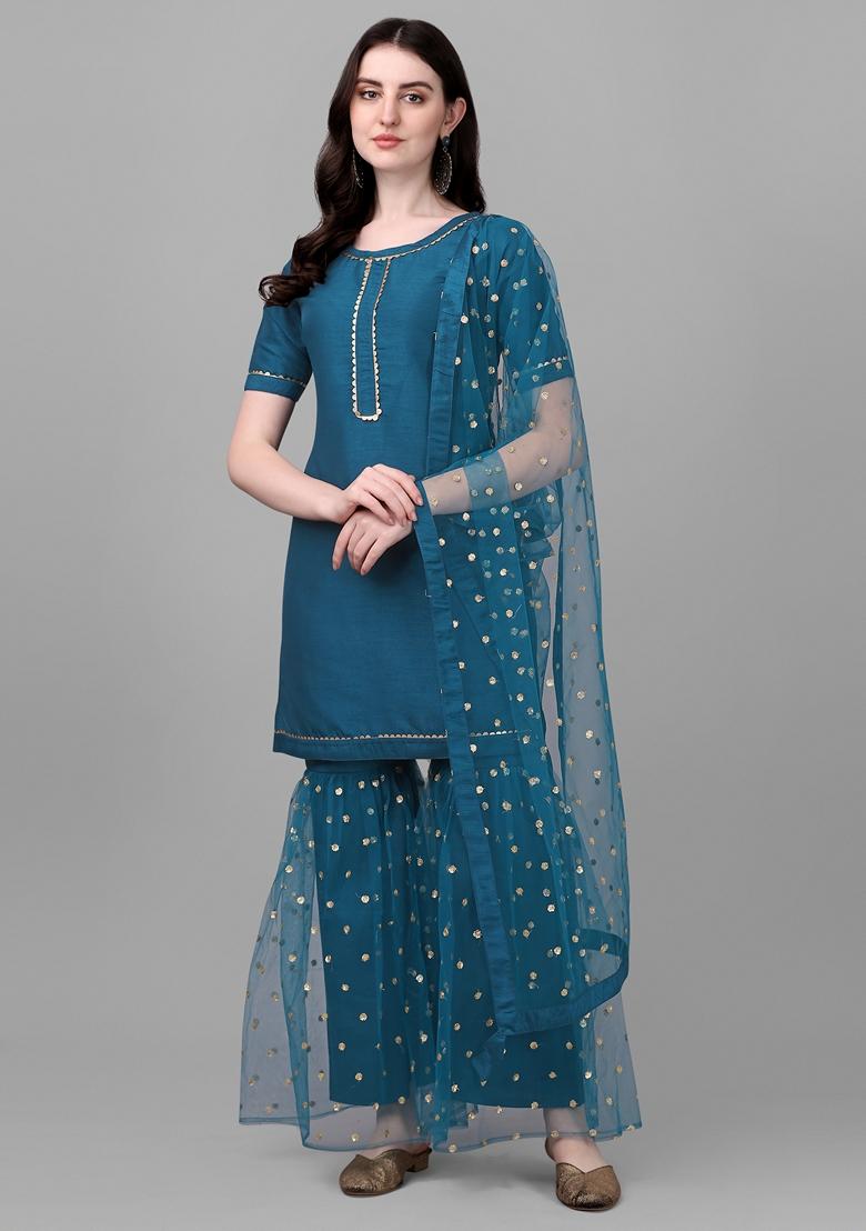 Teal Blue Embroidered Silk Sharara Set With Dupatta