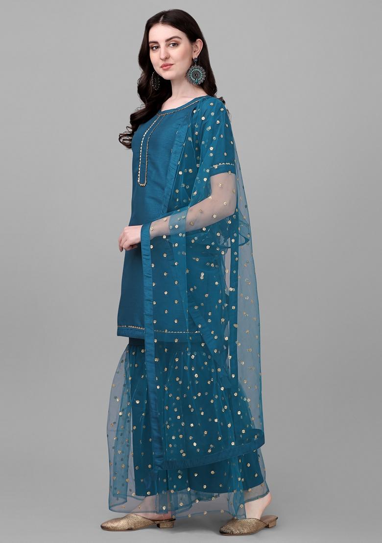 Teal Blue Embroidered Silk Sharara Set With Dupatta