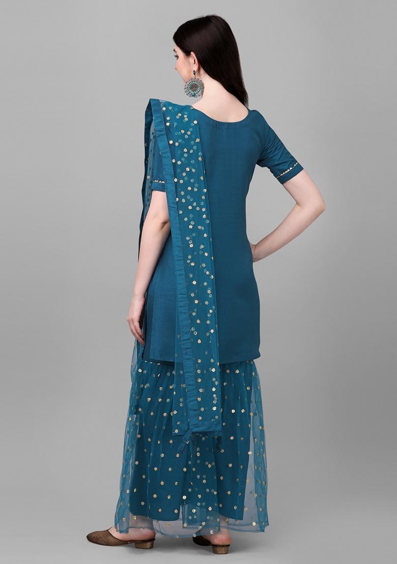 Teal Blue Embroidered Silk Sharara Set With Dupatta
