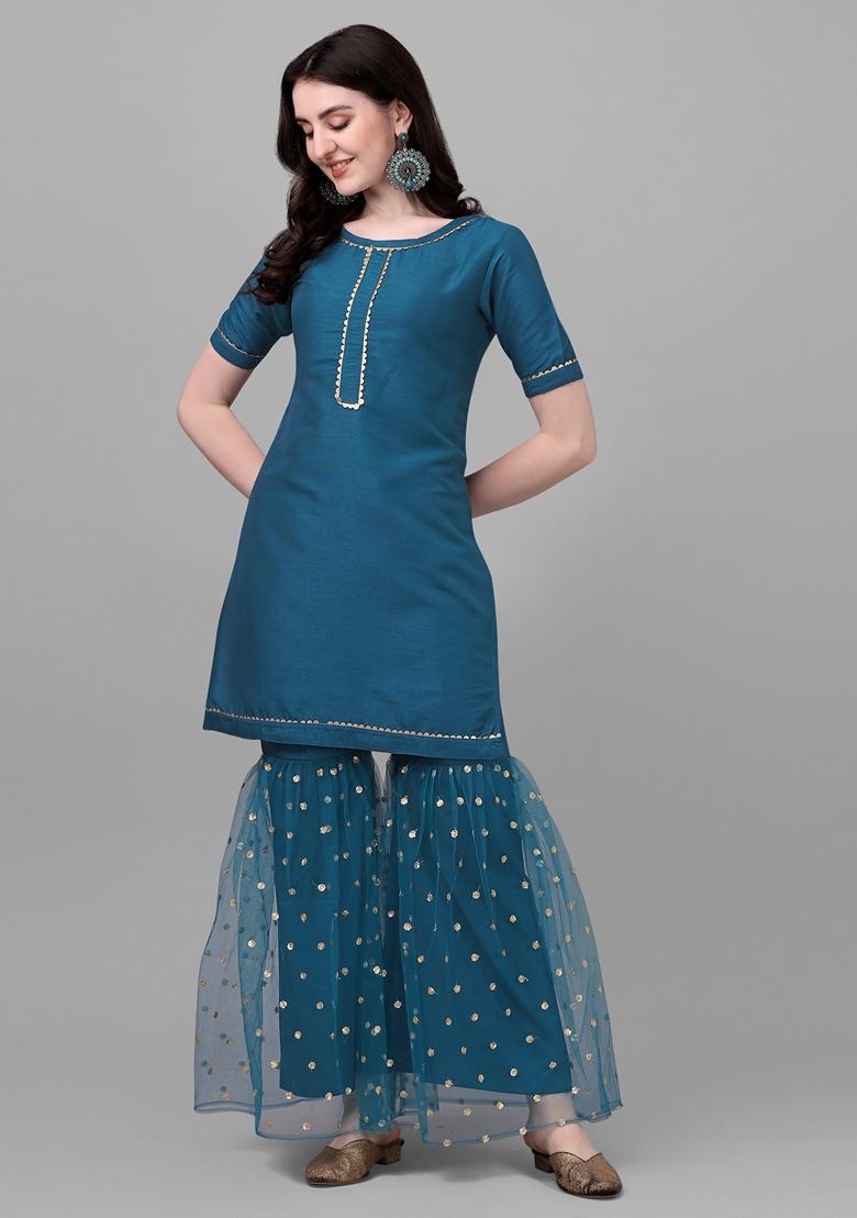 Teal Blue Embroidered Silk Sharara Set With Dupatta