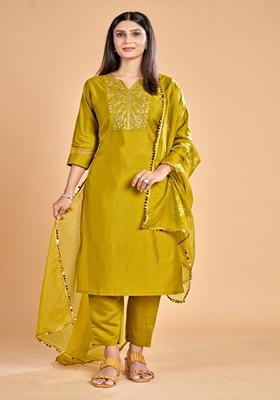 Lime Green Embroidered Silk Salwar Kameez With Dupatta