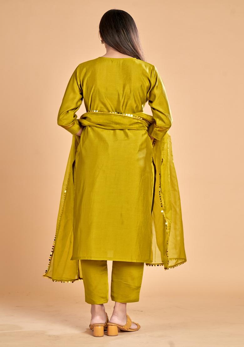 Lime Green Embroidered Silk Salwar Kameez With Dupatta