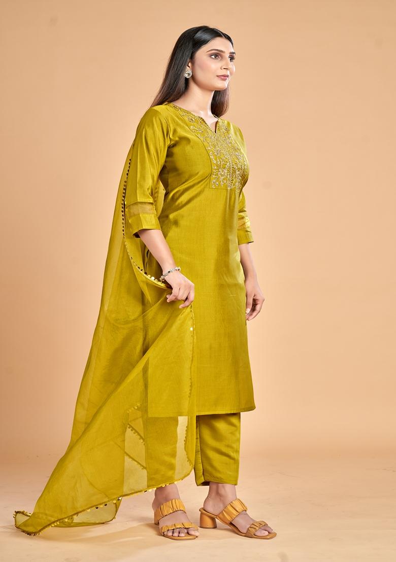 Lime Green Embroidered Silk Salwar Kameez With Dupatta