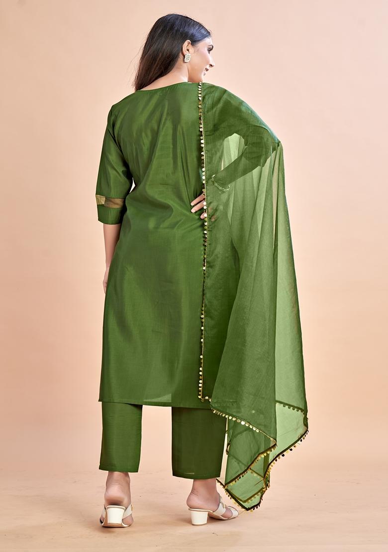 Olive Green Embroidered Silk Salwar Kameez With Dupatta