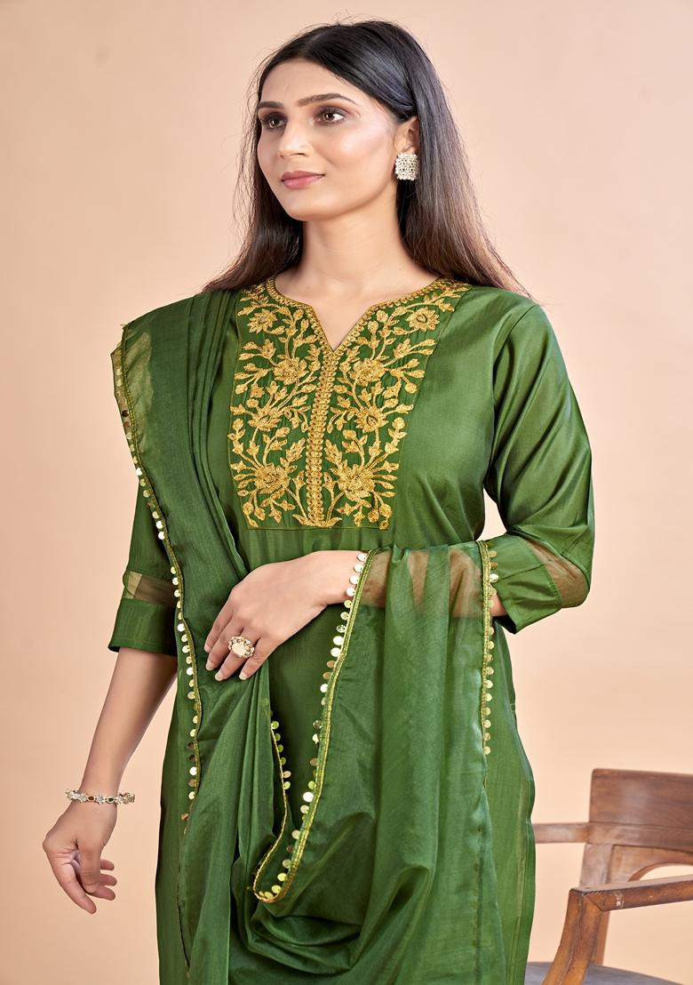 Olive Green Embroidered Silk Salwar Kameez With Dupatta