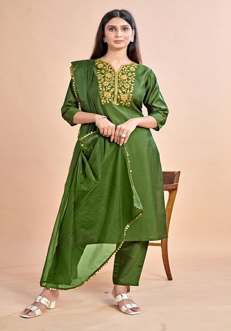 Olive Green Embroidered Silk Salwar Kameez With Dupatta