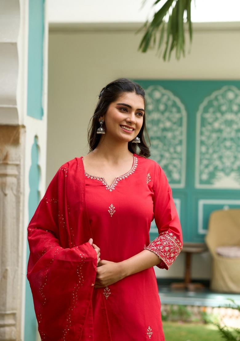 Red Embroidered Chanderi Salwar Kameez With Dupatta