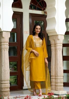 Yellow Embroidered Chanderi Salwar Kameez With Dupatta