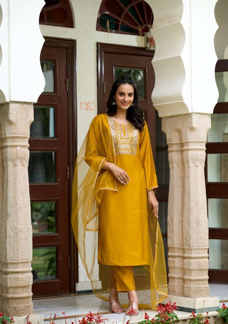 Yellow Embroidered Chanderi Straight Kurta Set - Indya