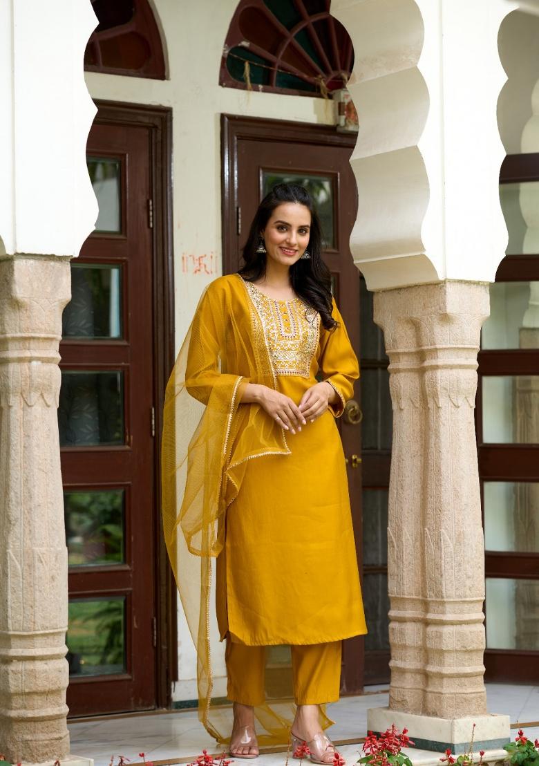 Yellow Embroidered Chanderi Salwar Kameez With Dupatta