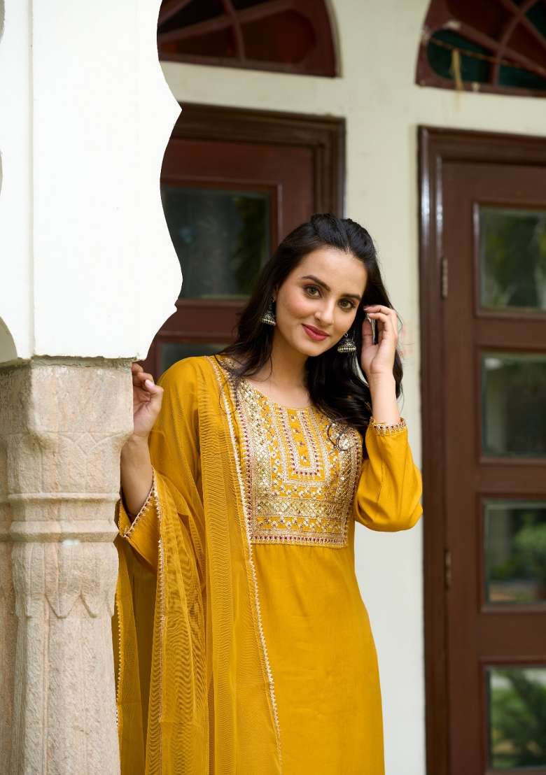 Yellow Embroidered Chanderi Straight Kurta Set - Indya