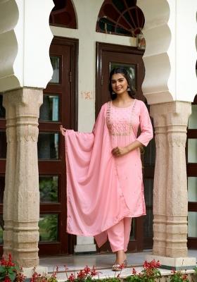 Pink Embroidered Rayon Salwar Kameez With Dupatta