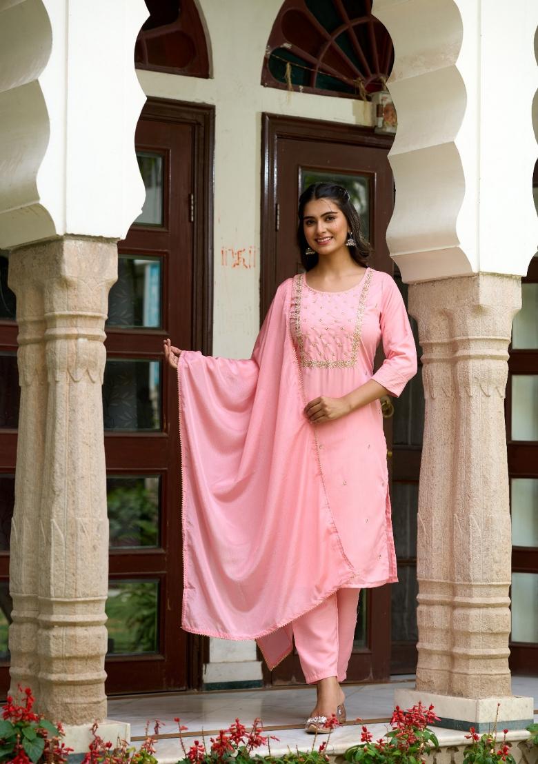 Pink Embroidered Rayon Salwar Kameez With Dupatta