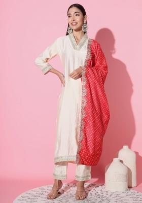 White Embroidered Muslin Salwar Kameez With Dupatta