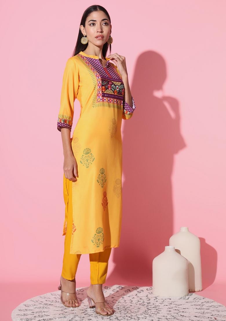 Yellow Embroidered Chanderi Salwar Kameez With Dupatta