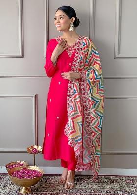 Red Embroidered Viscose Salwar Kameez With Dupatta