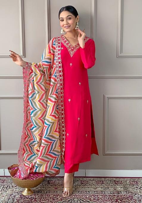 Red Embroidered Viscose Salwar Kameez With Dupatta