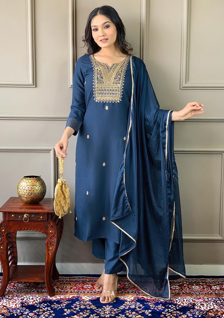 Blue Embroidered Rayon Salwar Kameez With Dupatta