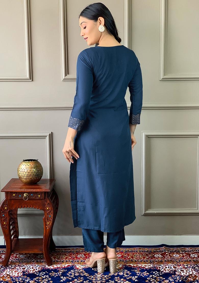 Blue Embroidered Rayon Salwar Kameez With Dupatta