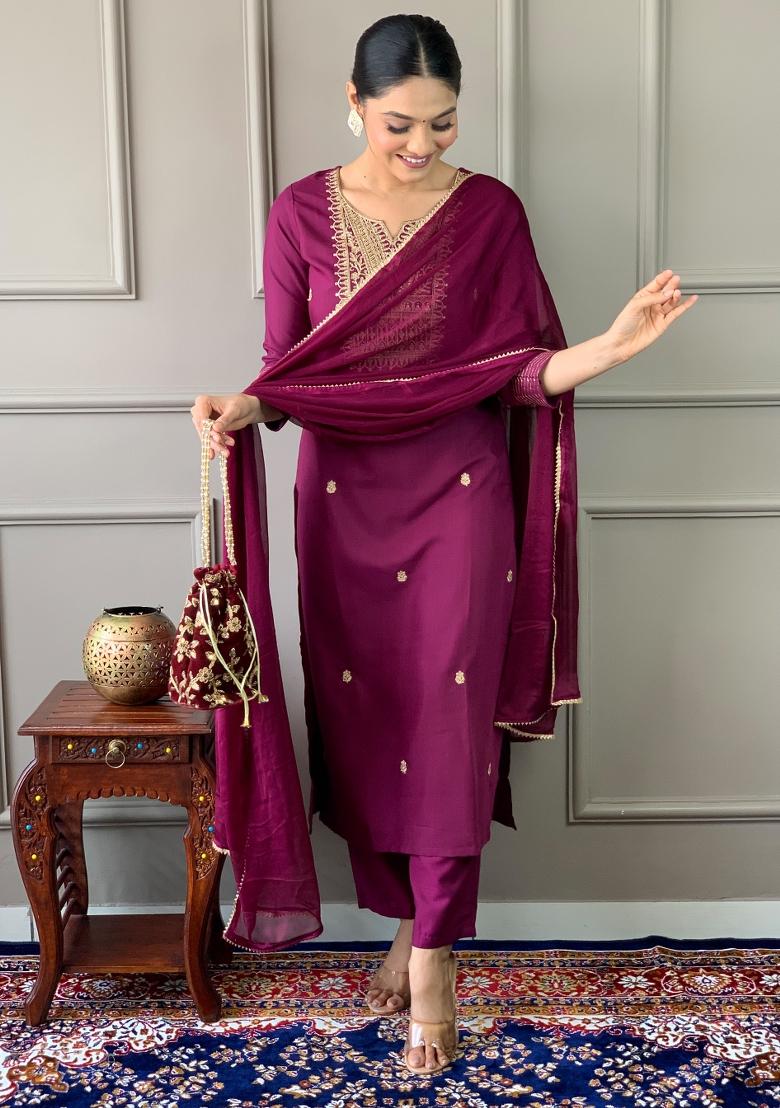 Purple Embroidered Rayon Salwar Kameez With Dupatta