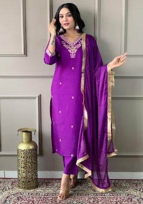 Purple Embroidered Chanderi Salwar Kameez With Dupatta