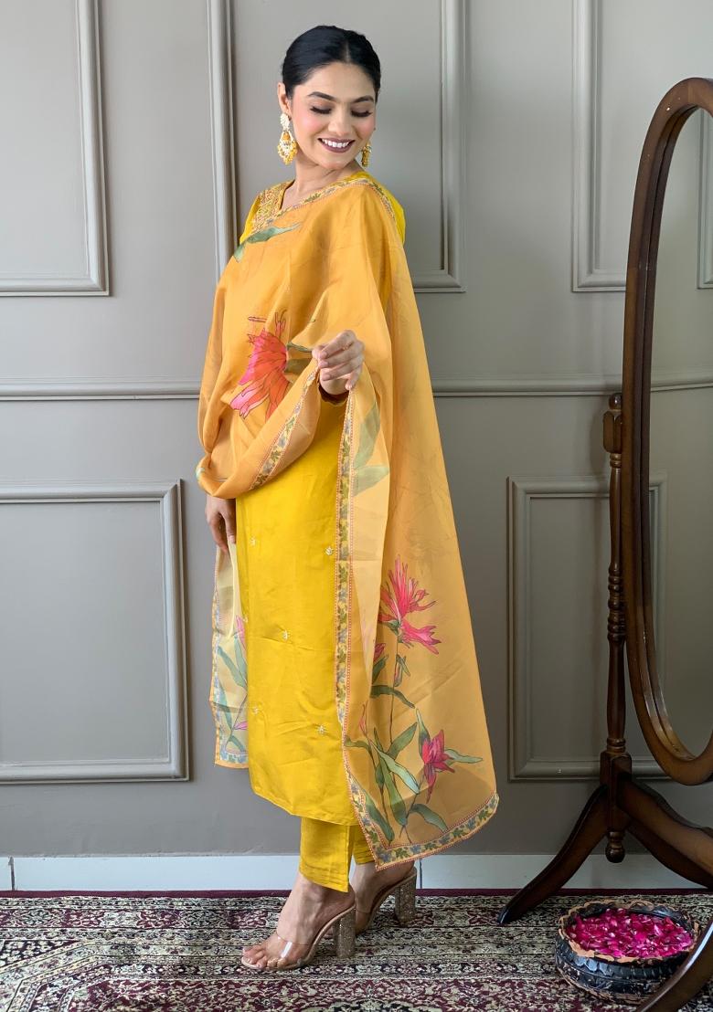 Yellow Embroidered Chanderi Salwar Kameez With Dupatta