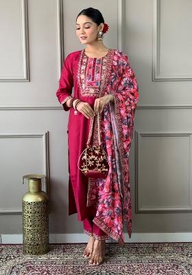 Red Embroidered Chanderi Salwar Kameez With Dupatta
