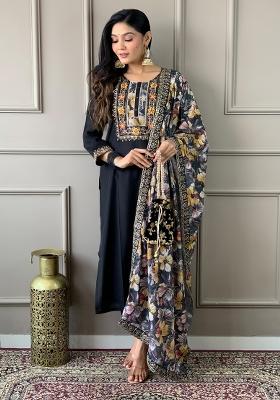 Black Embroidered Chanderi Salwar Kameez With Dupatta
