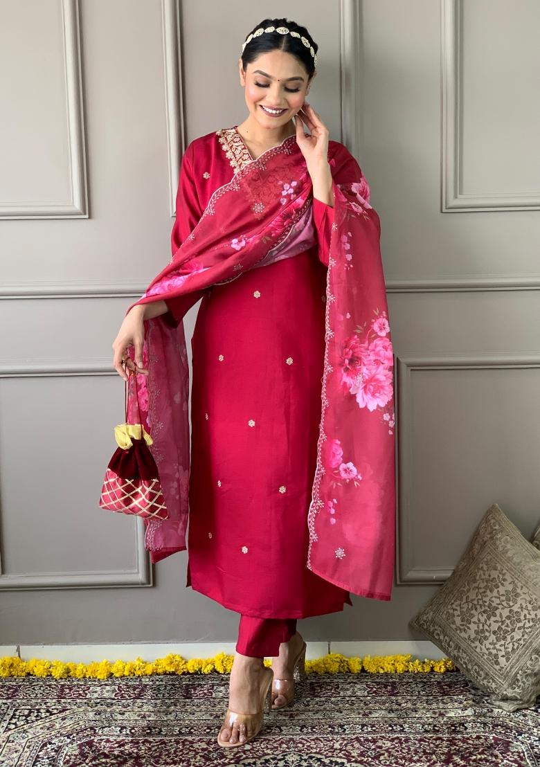 Red Embroidered Chanderi Salwar Kameez With Dupatta