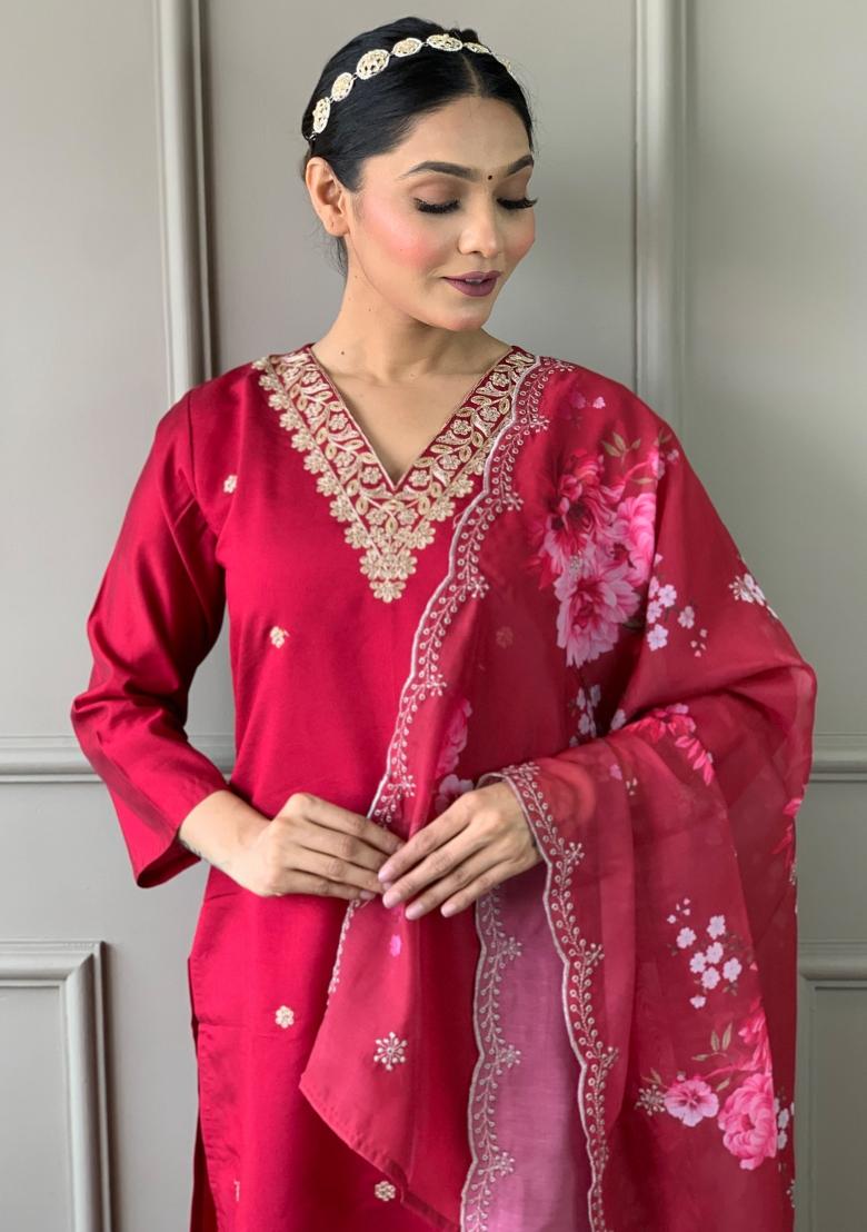Red Embroidered Chanderi Salwar Kameez With Dupatta