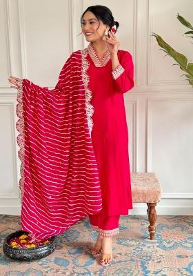 Red Embroidered Chanderi Salwar Kameez With Dupatta