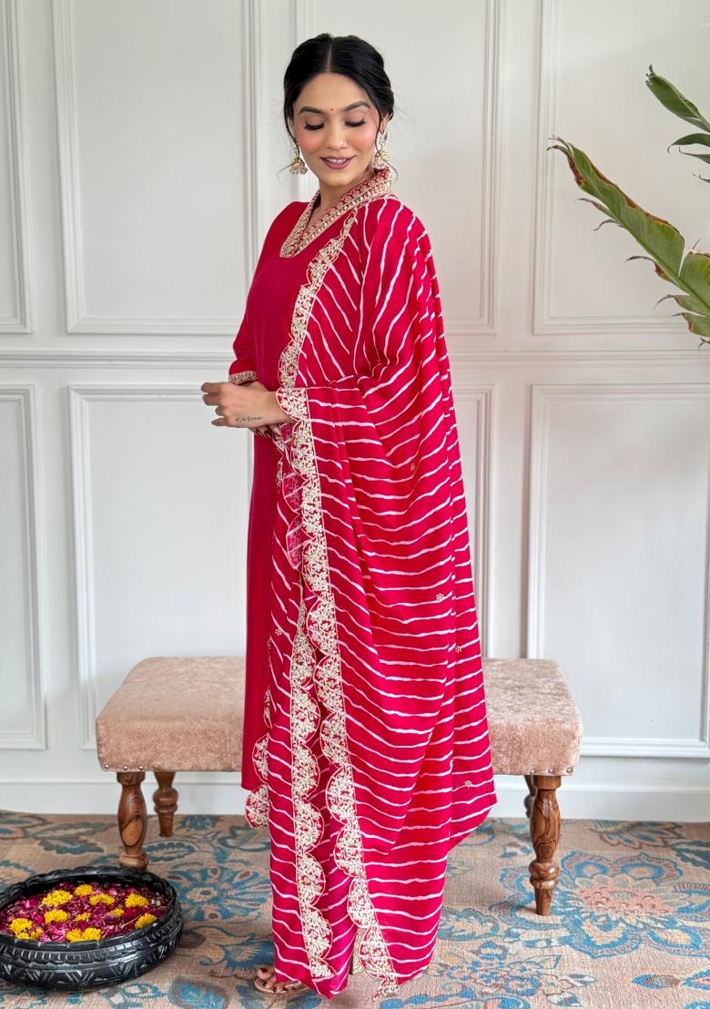 Red Embroidered Chanderi Salwar Kameez With Dupatta