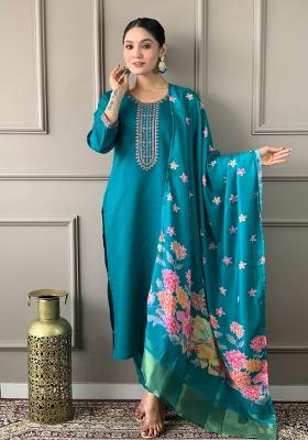Green Embroidered Viscose Salwar Kameez With Dupatta