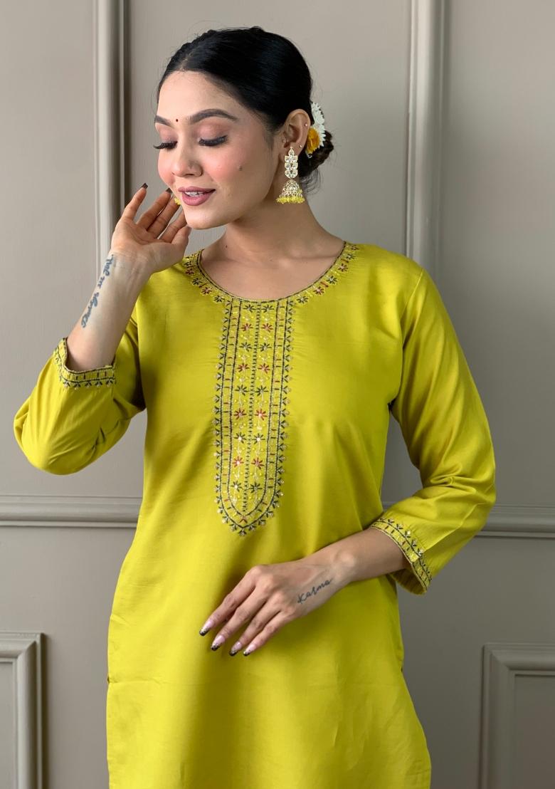 Mustard Yellow Embroidered Viscose Salwar Kameez With Dupatta