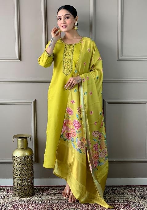 Mustard Yellow Embroidered Viscose Salwar Kameez With Dupatta