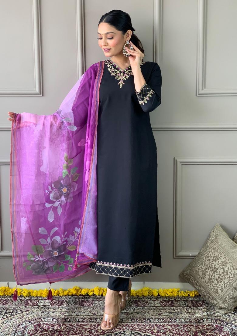 Black Woven Chanderi Salwar Kameez With Dupatta