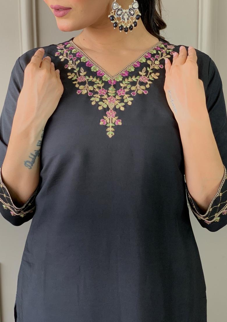 Black Woven Chanderi Salwar Kameez With Dupatta