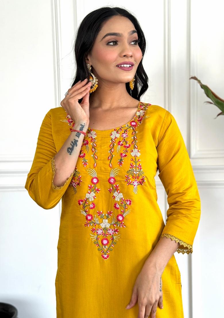 Mustard Yellow Woven Chanderi Salwar Kameez With Dupatta