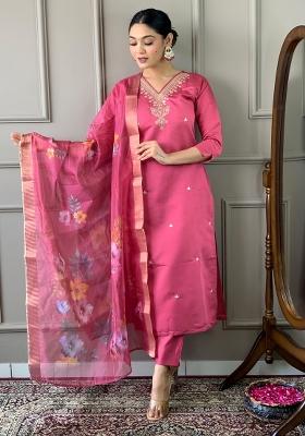 Pink Embroidered Viscose Salwar Kameez With Dupatta
