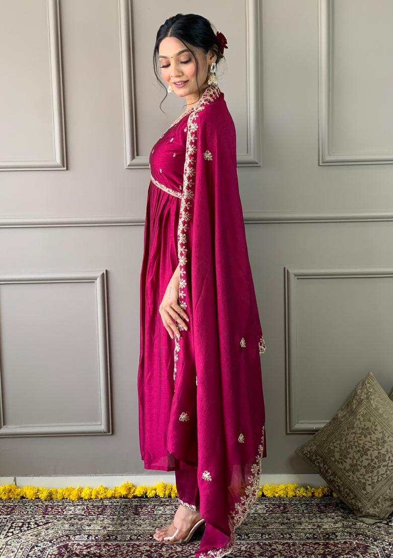Red Embroidered Vichitra Silk Salwar Kameez With Dupatta