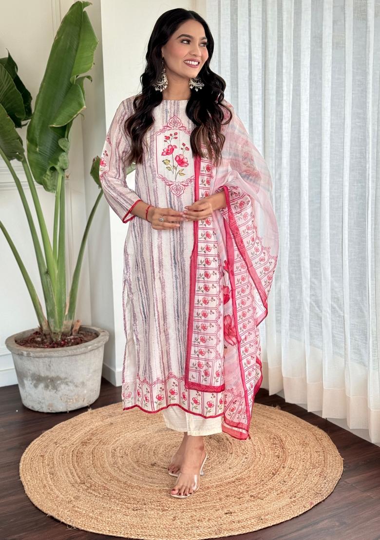 Red Printed Muslin Salwar Kameez With Dupatta