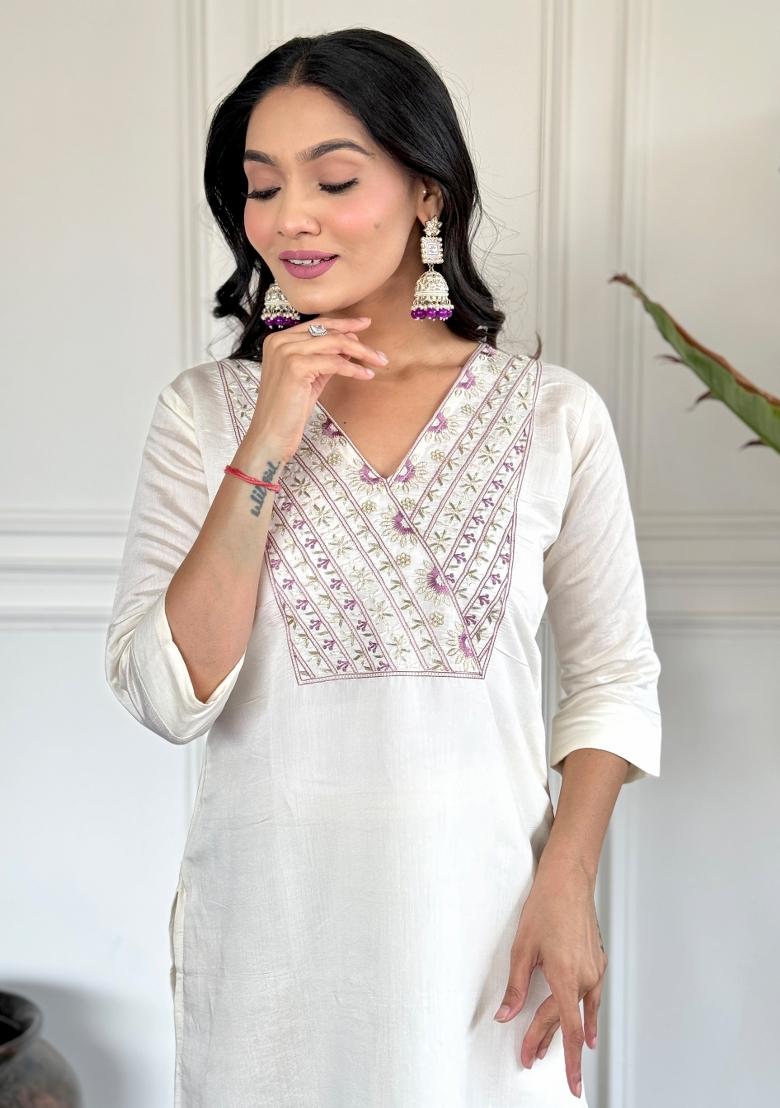White Embroidered Viscose Salwar Kameez With Dupatta