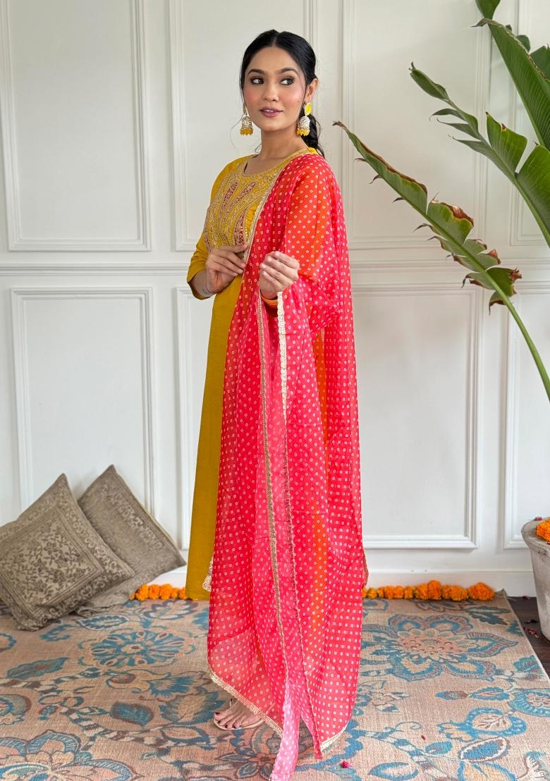 Mustard Yellow Embroidered Chanderi Salwar Kameez With Dupatta