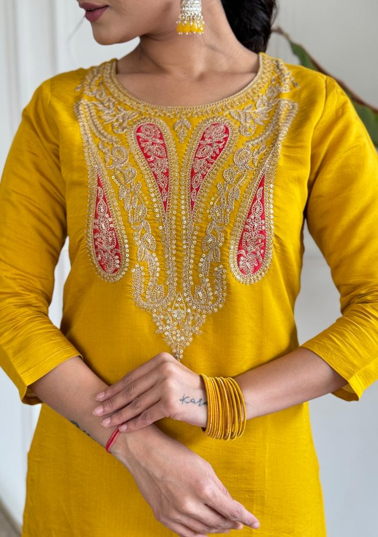 Mustard Yellow Embroidered Chanderi Salwar Kameez With Dupatta